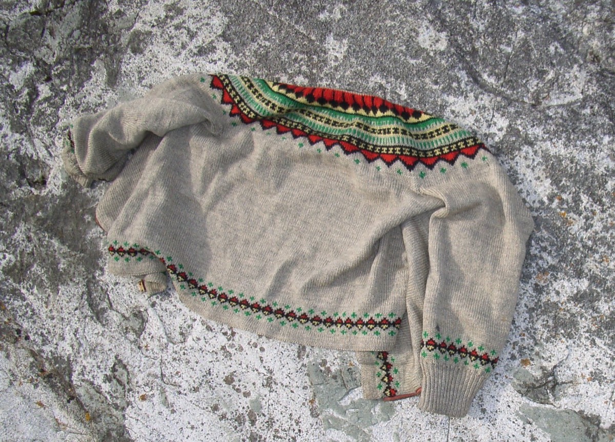 A grey knitted sweater laid flat